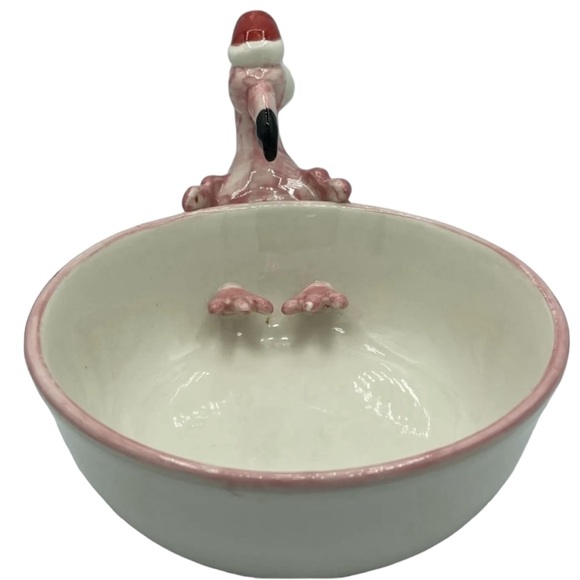 Hansen Ware Festive Pink Flamingo with Red Santa Hat Ceramic Bowl Serving Bowl - Picture 7 of 8